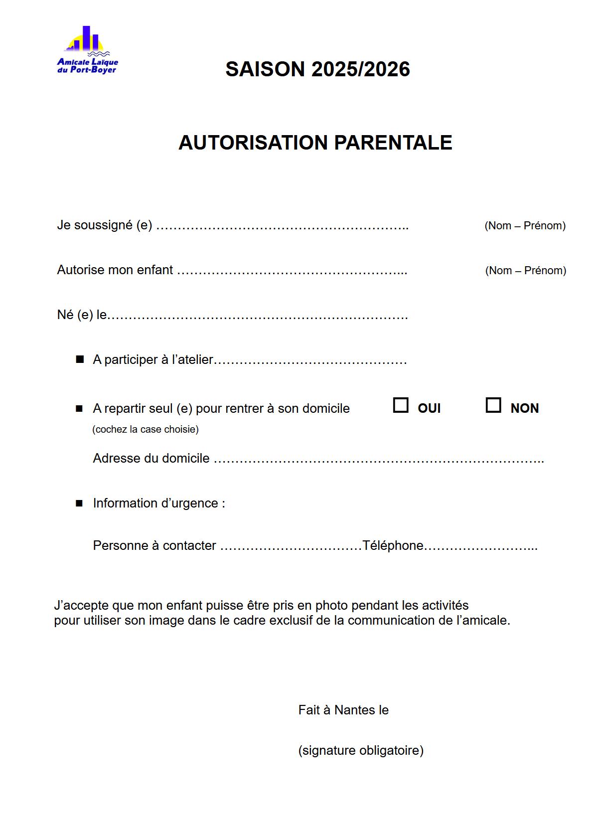 Autorisation parentale de l'Amicale Laïque de Port-Boyer